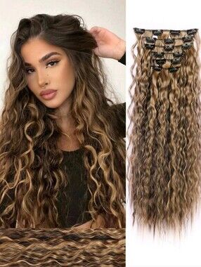 Premium Curly Clip-In Hair Extensions - Dark Brown with Honey Blonde Highlights